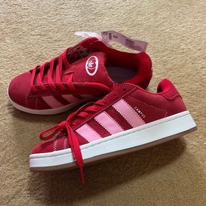 Red and pink Adidas Campus sneakers